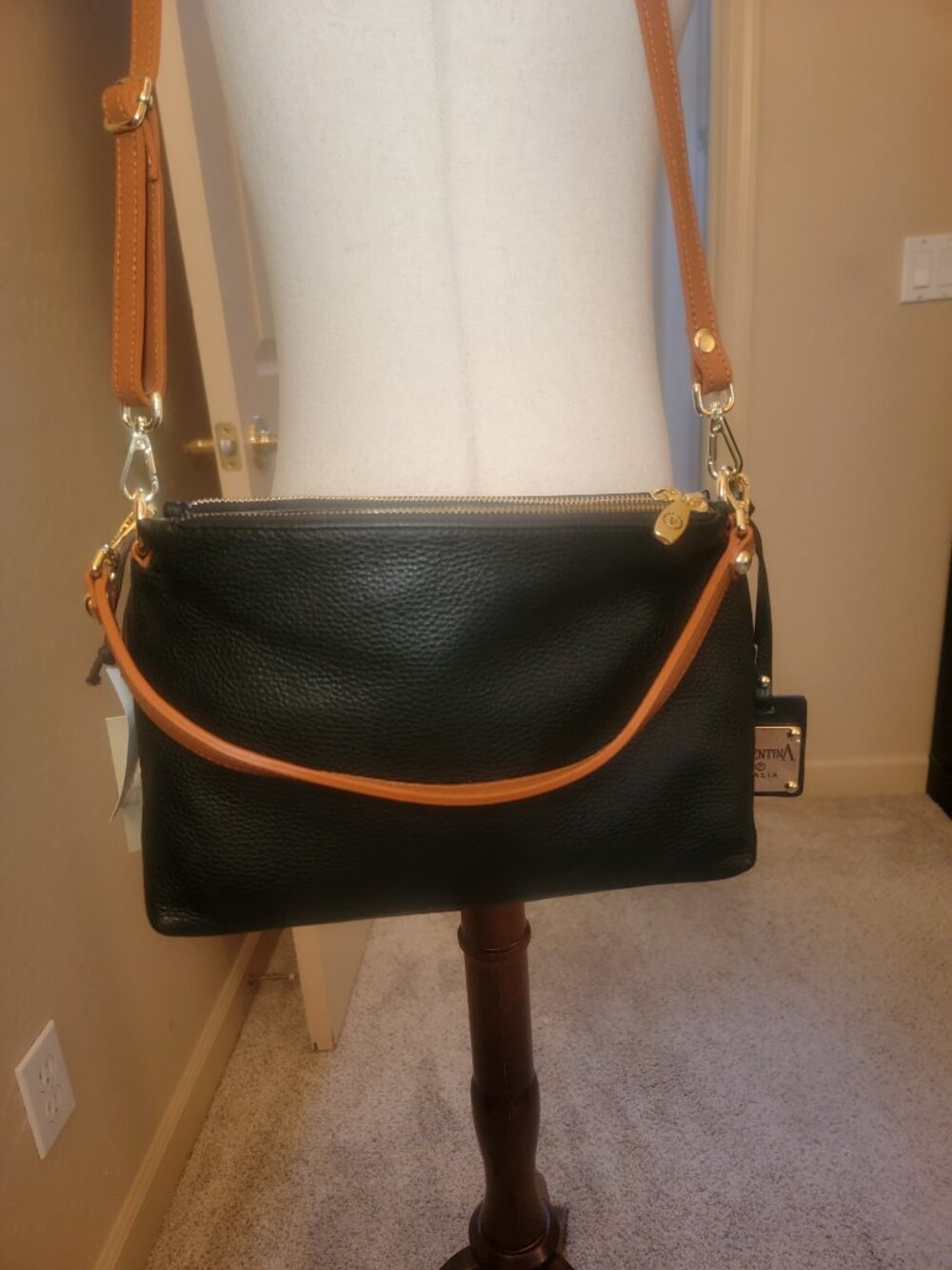 Valentina Italia Genuine Leather Crossbody Bag Black & Cognac NWT Made in Italy